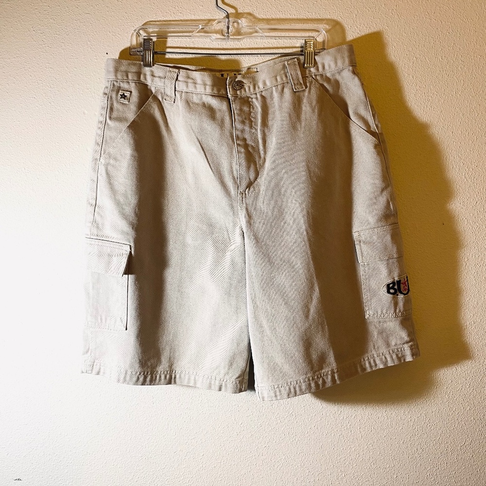 B.U.M. EQUIPMENT MENS H/D COTTON CARGO SHORTS SZ 36 BEIGE FLAT FRONT